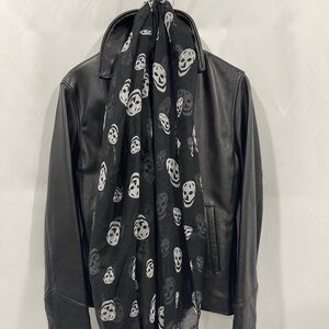Black Leather Jacket with Skull Scarf